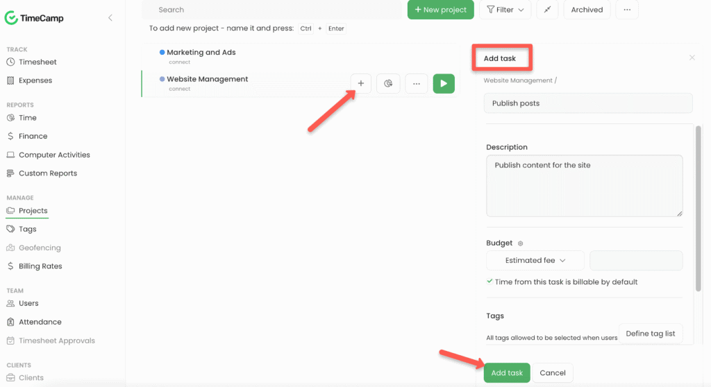 timecamp add tasks