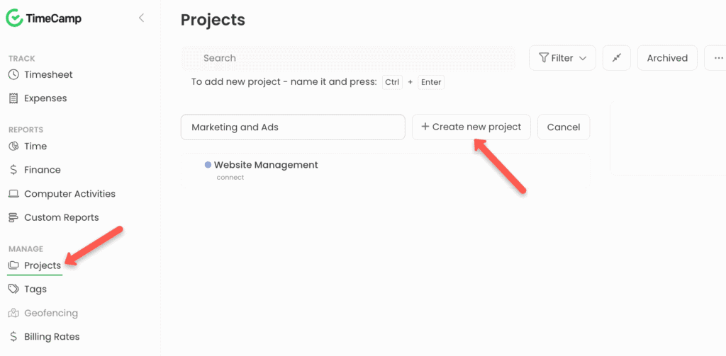 timecamp new project