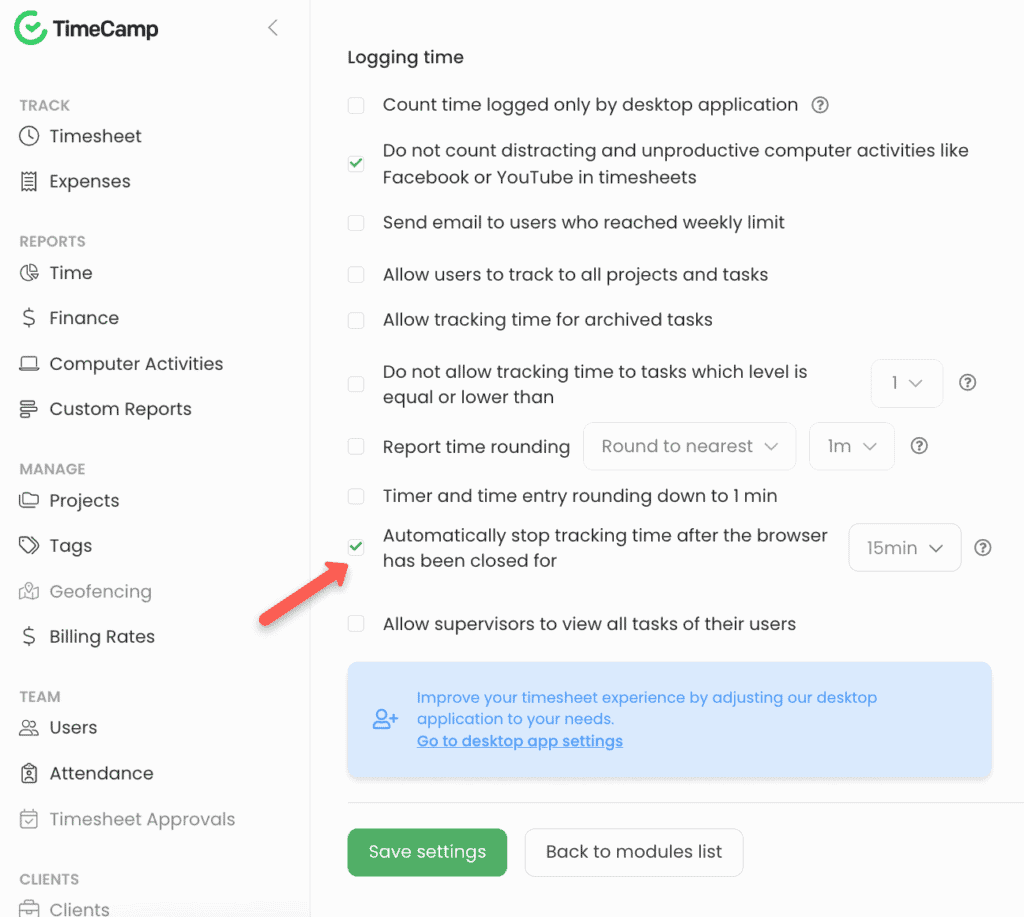 timecamp tracking time settings